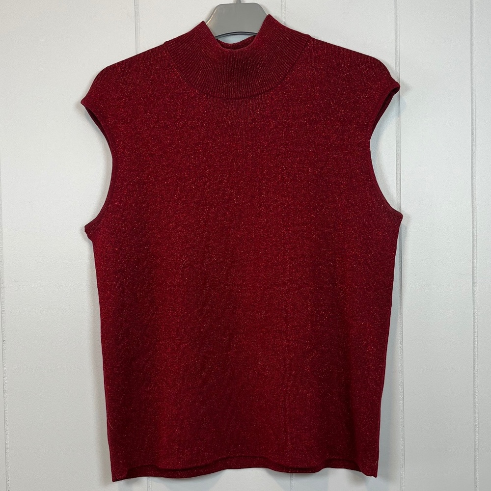 Coldwater Creek Red Metallic Silk Blend Sleeveless Mock Neck Sweater sz L Career